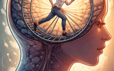 Illustration of a woman running on a hamster wheel inside her own head, representing repetitive subconscious thought patterns and self-sabotage.