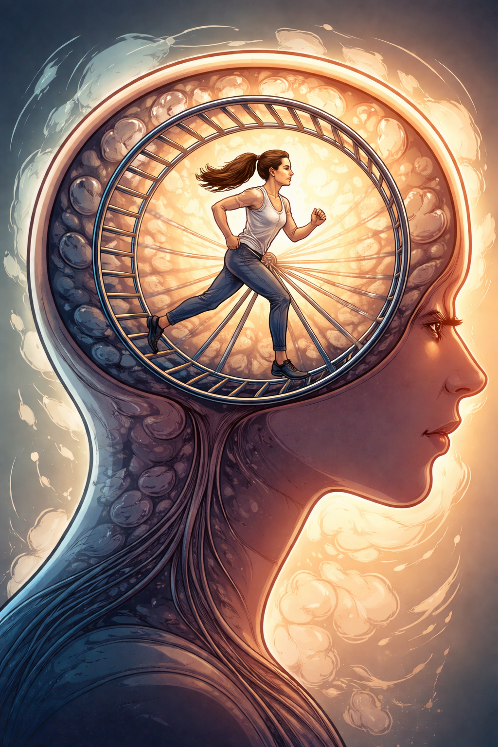 Illustration of a woman running on a hamster wheel inside her own head, representing repetitive subconscious thought patterns and self-sabotage.